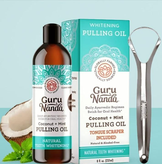 Guru Nanda Coconut & Mint Teeth Whitening Oil with Tongue Scraper 237ml